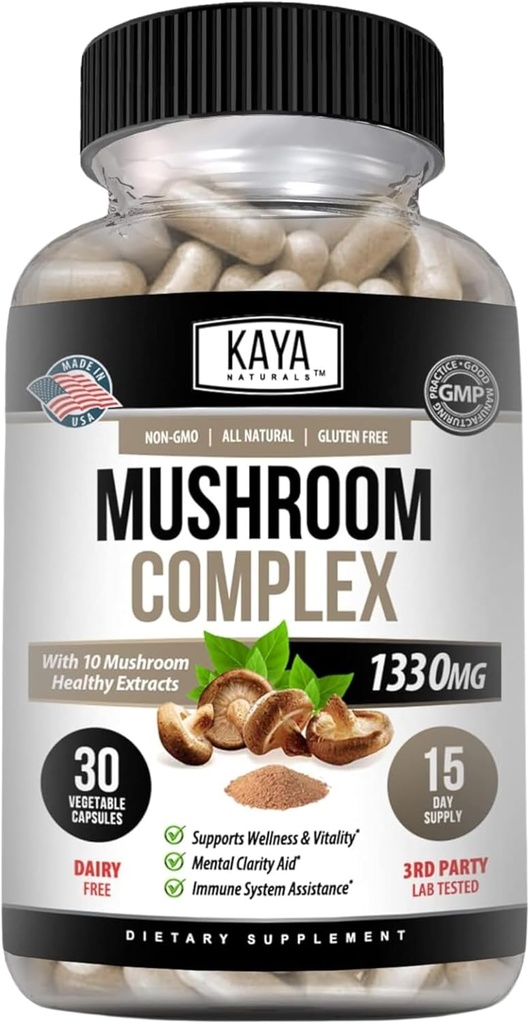 Kaya Naturals Premium Mushroom Complex Potent - Mushroom Complex Capsules 1995mg Por Serving - Aids Mental Clarity Supports Immune System, Wellness & Vitality tención-30 Conde