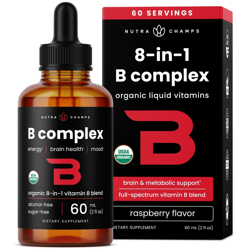 USDA Vitamina Orgánica B Complejo Líquidas gotas TENIDO B Vitaminas Suplemento Complejo con B1, B2, B3, B6, B7, B9 &amp; Methyl B12 gotas para adultos &amp; niños TEN Vegan Berry Flavor 2oz ANTE 60 Servings / 2 Month Supply