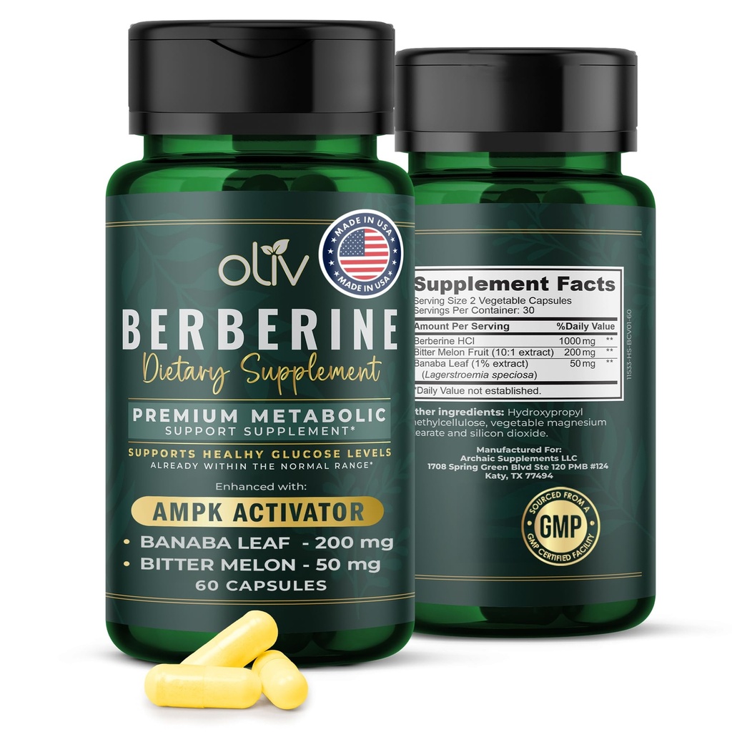 oliv suplemento de bereberina pura cápsulas – Berberine HCI 1000mg - Apoyo metabólico natural con 200mg extracto de frutas de melón y 50 mg Banaba hoja – 2 cápsulas de verduras diario (30 piezas)