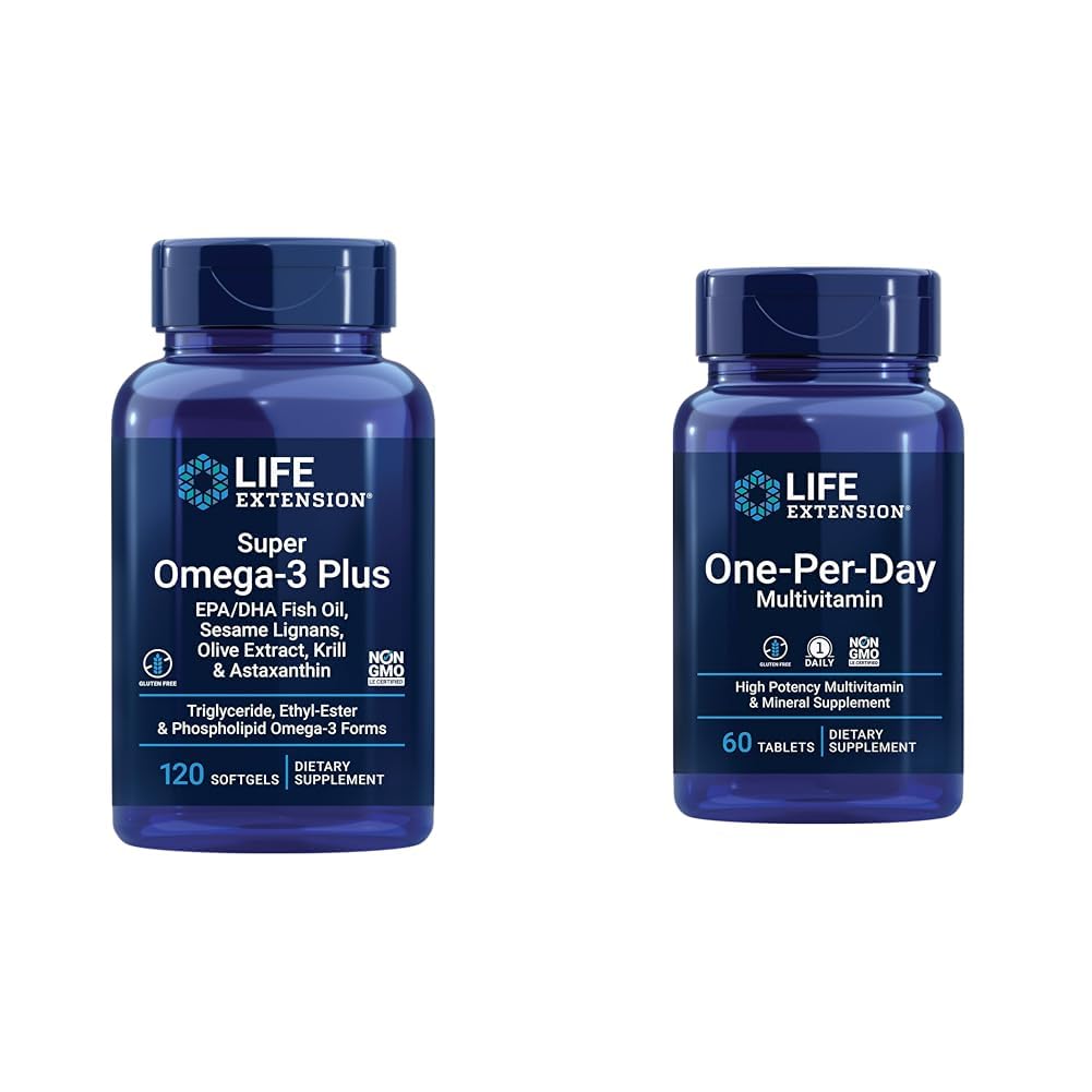 Extensión de vida Super Omega-3 Plus EPA/DHA Fish Oil, Sesame Lignans, Olive Extract & One-Per-Day Multivitamin – Empaquetado con más de 25 vitaminas, Minerales y Planta