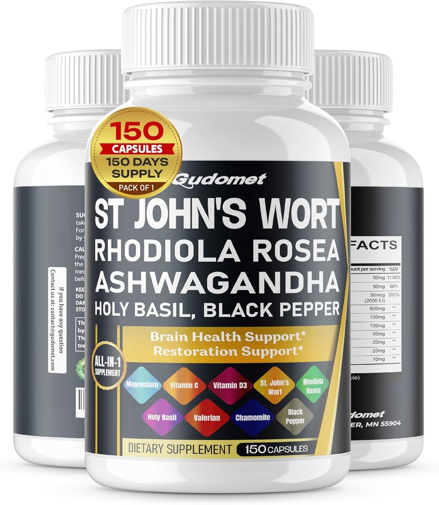 La hierba de San Juan Rhodiola Rosea Ashwagandha Santa Basil Valerian Chamomile Black Pepper -150 Capsules- Hecho en EE.UU.