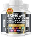 La hierba de San Juan Rhodiola Rosea Ashwagandha Santa Basil Valerian Chamomile Black Pepper -150 Capsules- Hecho en EE.UU.