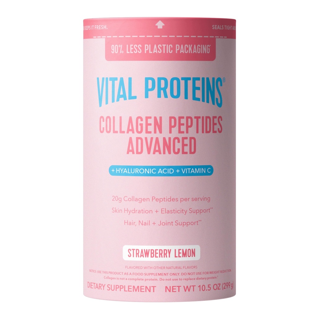 Proteínas vitales Péptidos de colágeno avanzados, péptidos hidrolizados con ácido hialurónico y vitamina C - Polvo de sabor de limón de fresa, 10.5oz