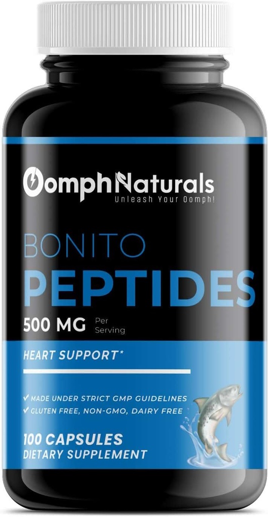 Bonito Peptides, 500mg Bonito Fish Extract, 100 Capsules 100 Day Supply, Non-GMO, Gluten Free, Suplemento para la salud cardíaca