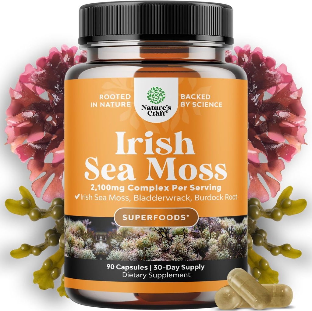 Organic Irish Sea Moss Capsules - Organic Sea Moss Pills with 2100mg Serving Superfood Complex with Bladderwrack Burdock Root and BioPerine for Immune Skin & Thyroid Support - Vegan Non-GMO (1 Mes)