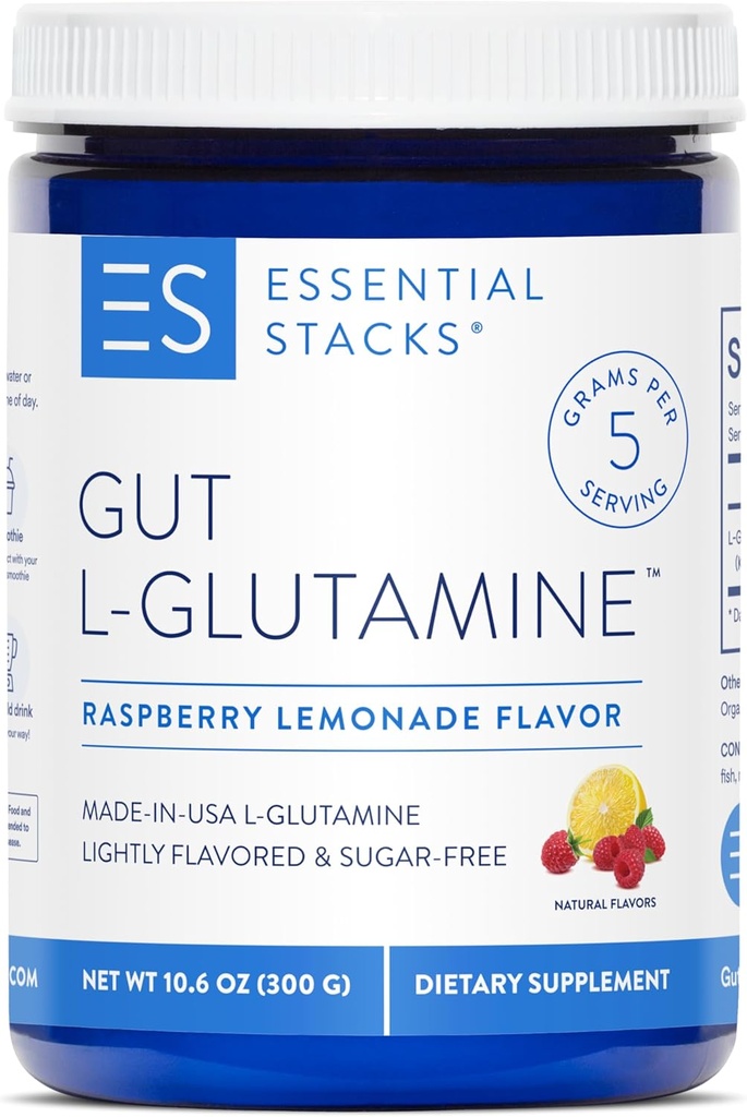 Estacas esenciales Gut L-Glutamine Powder - Exclusivamente Hecho en Estados Unidos - Pure L Glutamine Polvo para Gut Health (50 Servings, Raspberry Lemonade)
