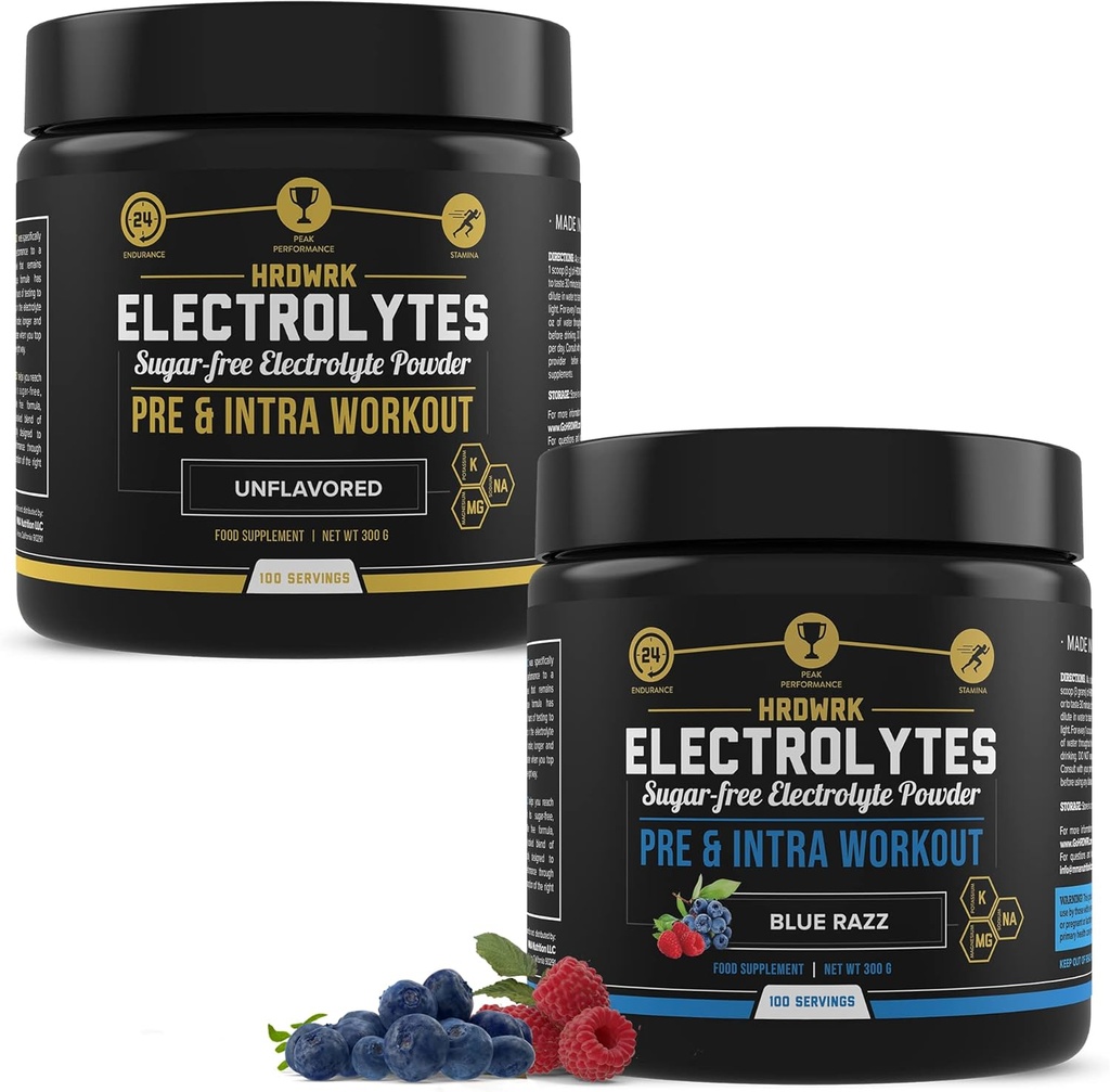 HRDWRK 100 Servings Keto Electrolytes Powder Hydration Sugar Free - Electrolyte Powder to Boost Endurance & Reducir Fatiga con Electrolytes Suplemento - Unflavored & Blue Raspberry Set
