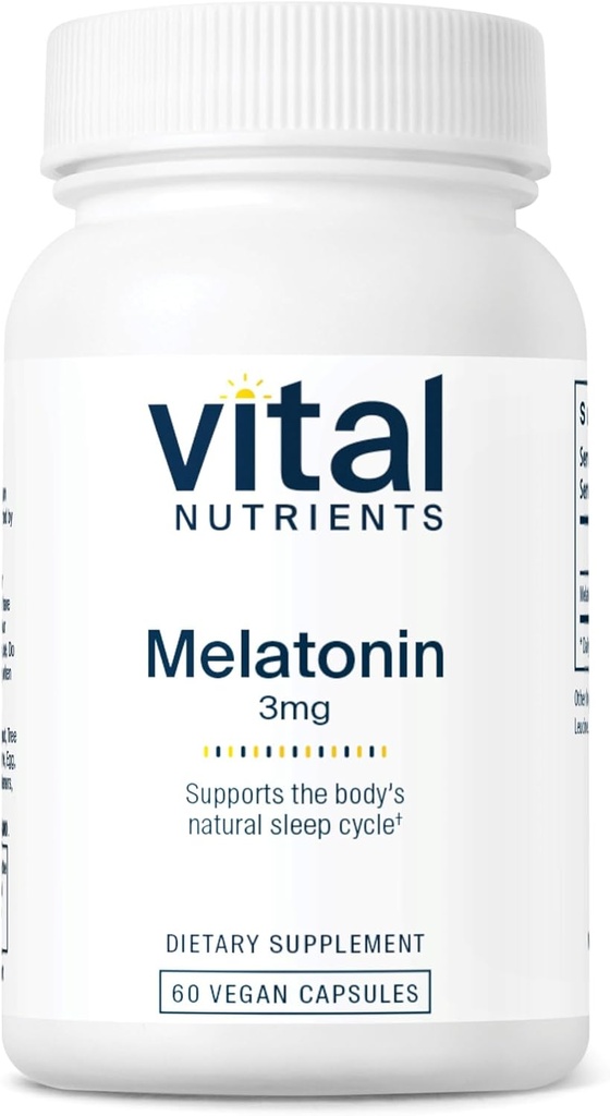 Vital Nutrients Melatonin 3mg ← Vegan ← Melatonin Suplemento para dormir en apoyo del ciclo natural del sueño del cuerpo* ¦ Gluten, Dairy, Soy Free ← 60 cápsulas