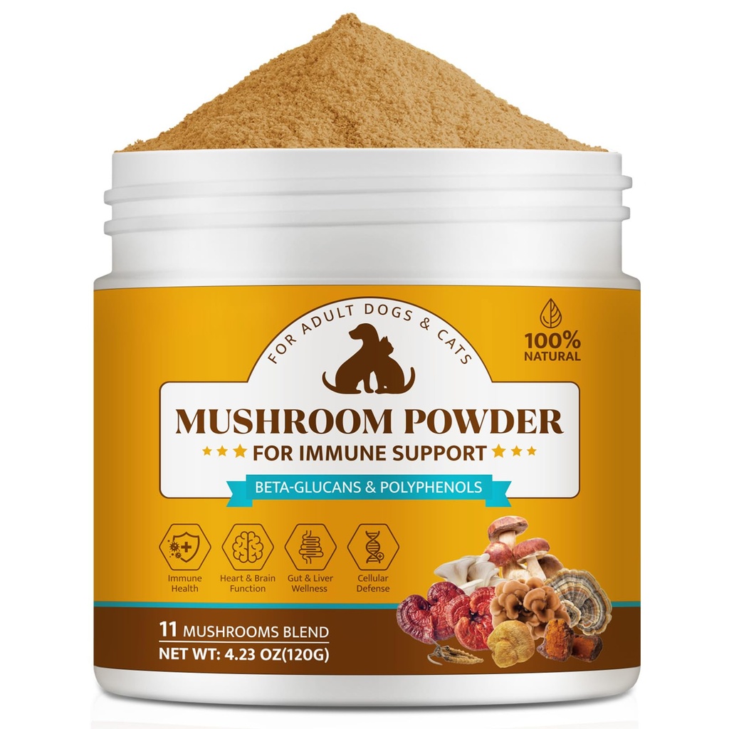 Organic Mushroom Supplement Powder for Dogs & Cats – 11 Mushroom Complex with Turkey Tail, Reishi & Cordyceps, Supports Lipoma, Lumps & Bumps Relief, Immune & Skin Health, 120g