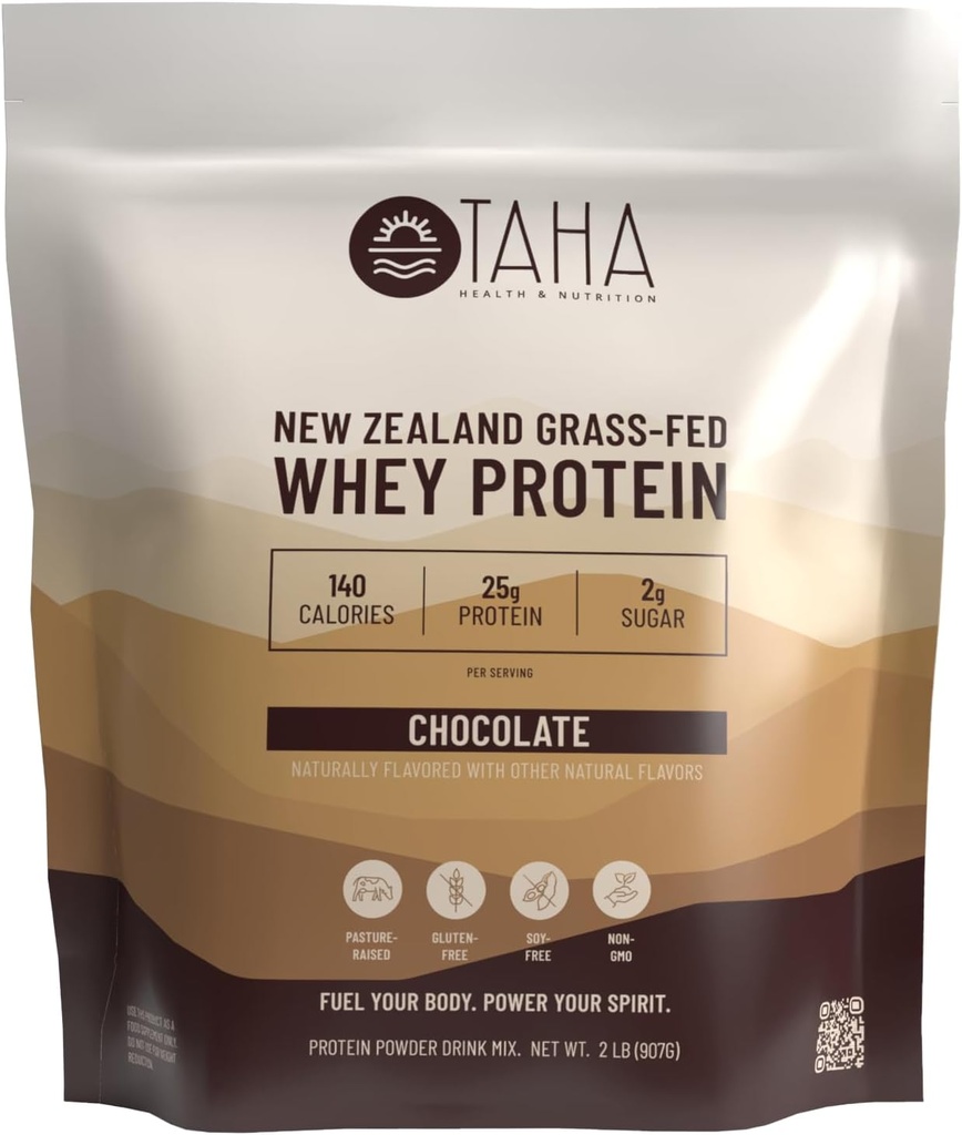 Taha Health & Nutrition Chocolate Flavored Whey Protein Concentrate Powder, 25g Protein, 140 Calories, 2g Sugar ← Nueva Zelanda Grass-Fed, Free-Range Dairy