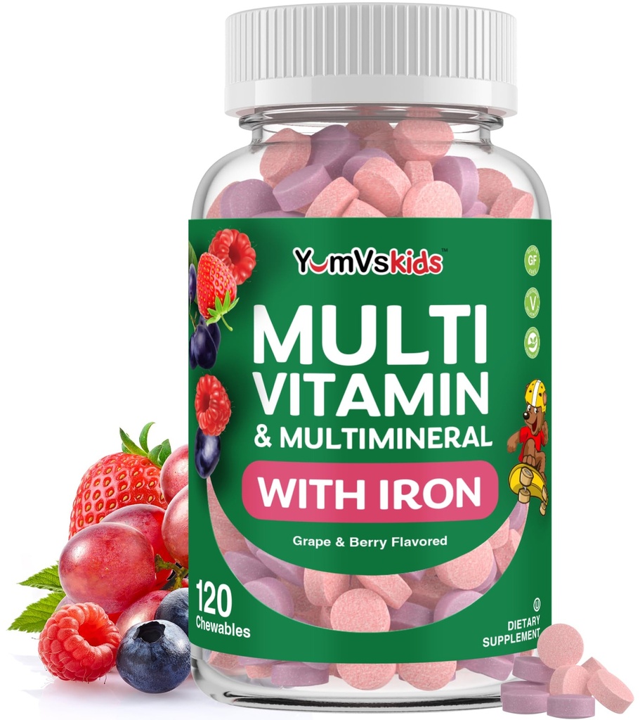 YumVs Niños Multivitamínicos con Iron &amp; Minerales Tablas Chewable – Grape & Berry Flavor Vitaminas para niños pequeños Edad 2+ – Daily Multivitamin for Immune Support – Kosher, Non-GMO – 120 Chewables