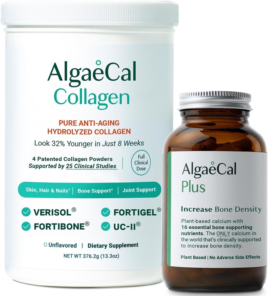 ALGAECAL Calcium & Collagen Bundle – Collagen hidrolizado Completo con Verisol clínico, Fortibone & Fortigel, Plus Vitamina D3, K2, Magnesium & Trace Minerals for Bone Health & Anti-Aging