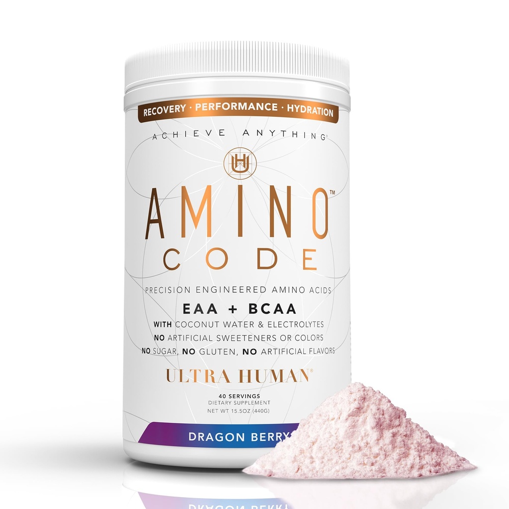 Ultra Human Amino Code ← Aminoácidos Esenciales + BCAAs + Electrolitos de Agua de Cacahuete ← Fast Hydration Workout Recovery Flavored Amino Energy Powder Drink ← Clean Formula, 40 Servings - Dragonberry