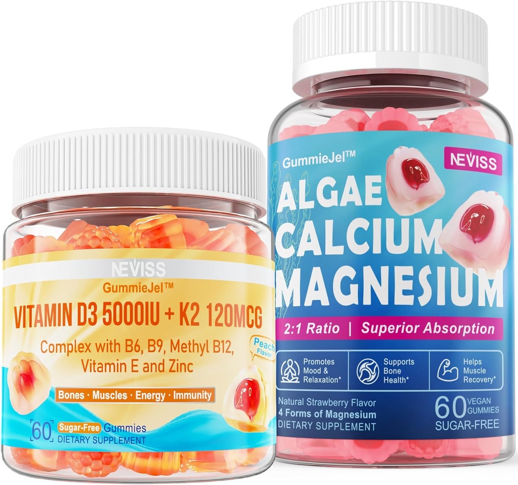 NEVISS Vitamina D3 5000IU + K2 (MK-7) 120mcg + Suplemento de calcio 600mg, Magnesio de calcio de Algae 2:1