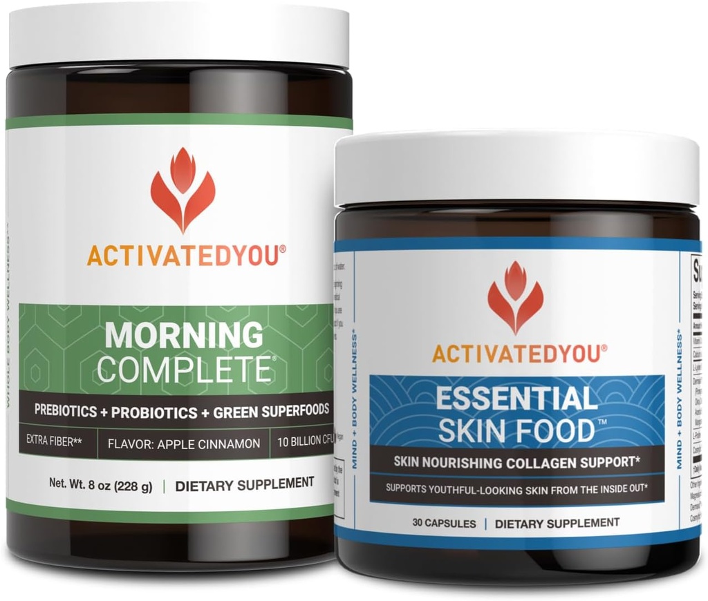 ACTIVATED Prebióticos completos de la mañana, Probióticos, Superalimentos Verdes (Apple Cinnamon) + Colágeno de alimentos esenciales de la piel, Elastin Support, 30 Servimientos