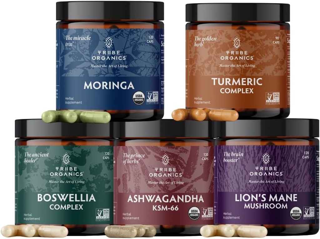 TRIBE ORGANICS Maestría de vida Bundle – Orgánica KSM-66 Ashwagandha + Complejo Boswellia + Complejo de Curcumin C3 + Leones orgánicos Mane + Moringa orgánica