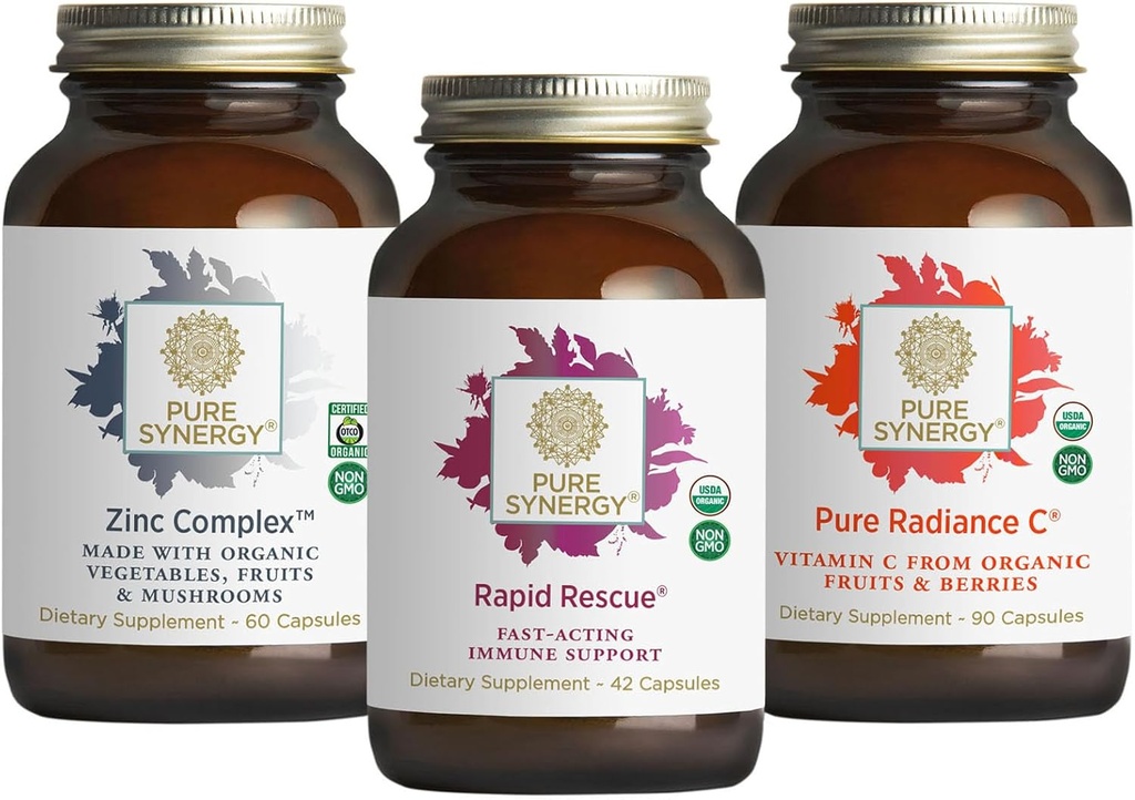 PURE SYNERGY Soporte Inmediato Bundle Silencioso Orgánica Vitamina C Suplemento ← Suplemento Zinc Hecho con alimentos completos ← Fórmula herbal rápida con Echinacea Extracto Silenciosa No GMO e ingredientes orgánicos