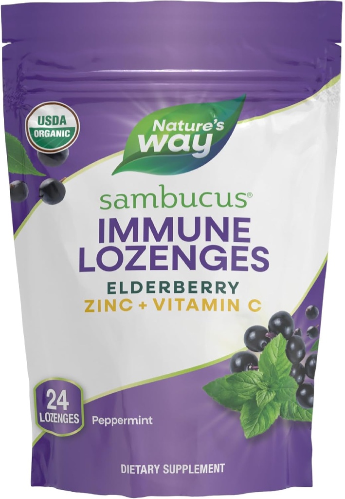 Camino de la Naturaleza Sambucus Zinc Lozenges con Elderberry y Vitamina C, Peppermint Flavored, 24 Lozenges