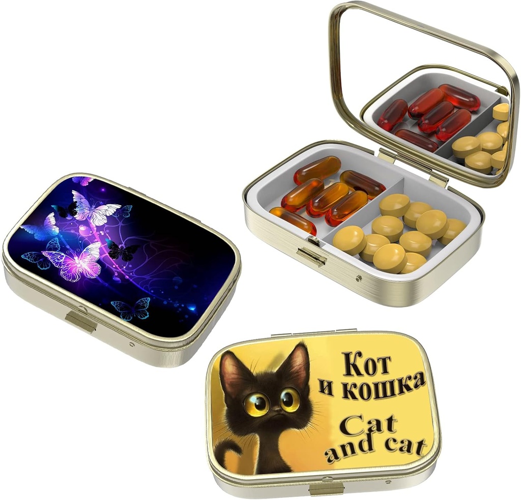 Caja pequeña de pill,Caso de Píldora para Púrpura Pocket,3 Compartimientos Caja de Píldora de Viajar Medicamentos Almacenamiento para Vitaminas, Píldoras, Aceite de Pesca y Pendientes, Fríos, Bronze-Cat