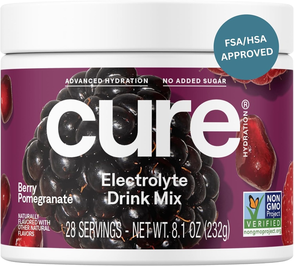 Cure Hydration ¦ Plant-Based Electrolyte Drink Mix Silencio No Añadido Sugar Silencio FSA-HSA Silencioso de alivio de la deshidratación Hecho con agua de coco Berry Pomegranate