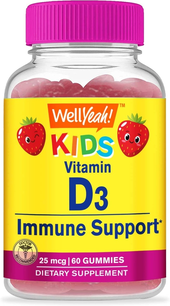 WellSí Niños Vitamina D3 Gummies - 1000 UI (25 mcg)- Soportes Fortaleza ósea e inmunidad - No Gluten-Free - Sabor de frambuesa - Suplemento nutricional - 60 Servimientos