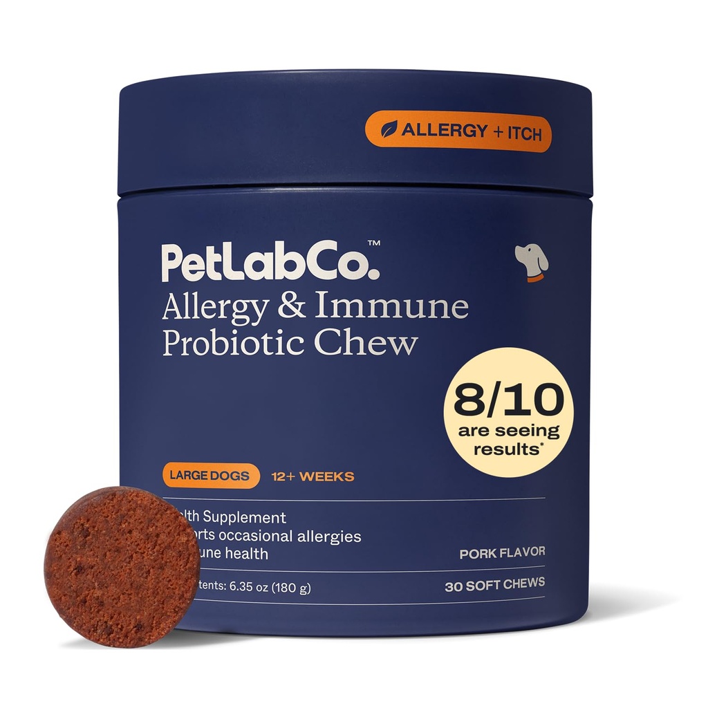 PetLab Co. Allergy &amp; Immune Daily Probiotics for Dogs. Apoya la producción de levadura, alergias estacionales, Itchiness intermitente, Gut & Digestive Health for Large Dogs - 30 Chews - Embalaje mayo Vary