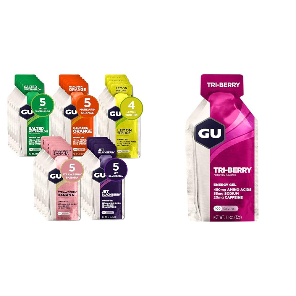 GU Energy Original Sports Nutrition Gel 24-Count Assorted Fruity Flavors and 8-Count Tri-Berry Bundle