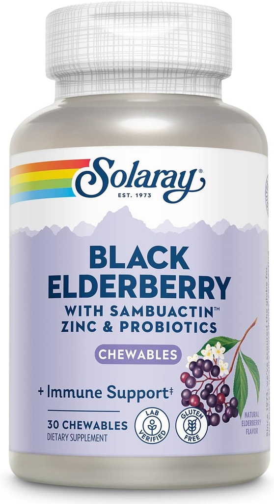 SOLARAY Extracto de Elderberry Negro con Zinc, Probióticos " Vitamina C TENIDO Sistema de inmunización saludable ← 30 Tablas Chewable