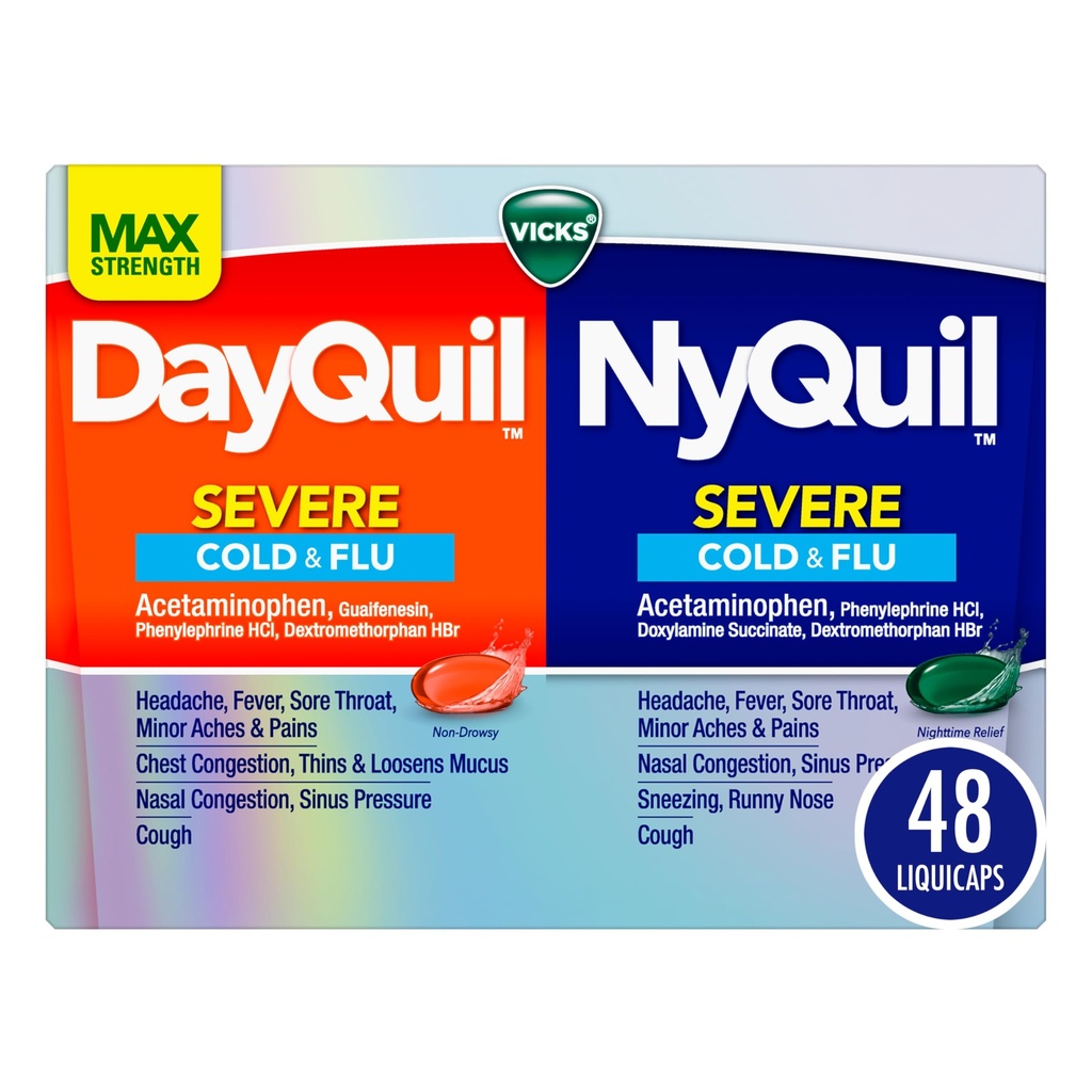 VICKS DayQuil &amp; NyQuil SEVERE Co-Pack, Frío &amp; Flu Medicine, Powerful Relief for Headache, Fever, Sore Throat, Minor Aches & Pains, Congestion, Sinus Pressure, Stuffy Nose, and Cough, 48 LiquiCaps