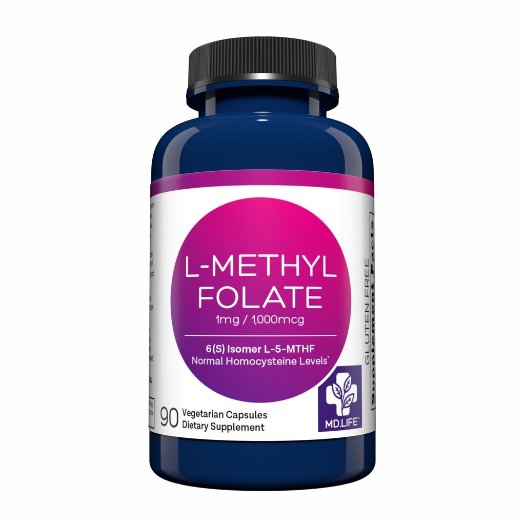 MD Life L-Methylfolate 1 mg Suplemento - Professional-Grade Active L Methylfolate Suplemento - 90 cápsulas - L-Methylfolate 1mg - Maximum Potency MTHFR W/ Essential Amino Acids
