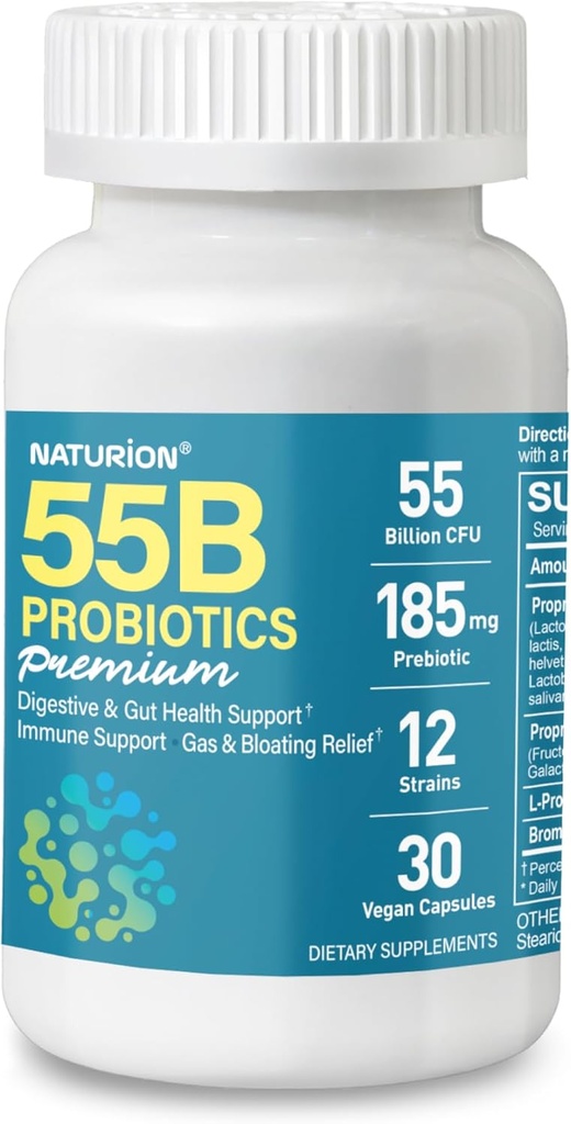 55B Probióticos Premium - 55 Billion CFU, 12 Strains, 185mg Prebiótico - Immune Support, Digestive & Gut Health - Supports Occasional Constipation, Gas & Bloating - 30 Vegan Capsules, 30 Day Supply
