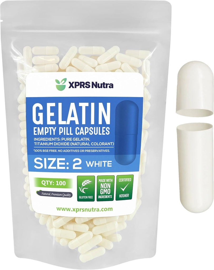 XPRS Nutra Size 2 Empty Capsules - 100 Count Empty Gelatin Capsules - Pills DIY Capsule Filling - Pure Bovine Pill Gel Caps for Do-It-youself Supplements (White)
