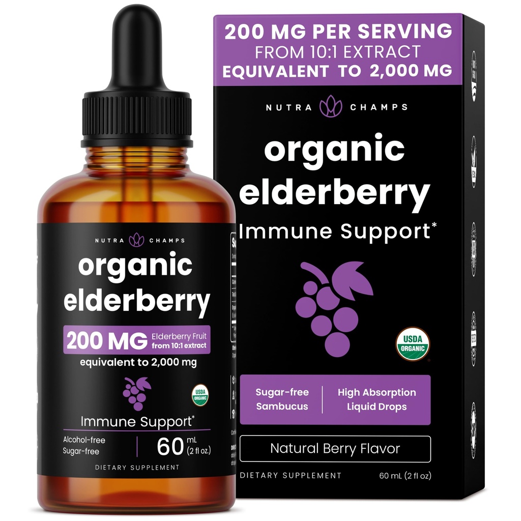 NutraChamps Black Elderberry Syrup, Potent 2000mg 10:1 Extract Sambucus Elderberry Syrup Antioxidant, Drops Berry Flavor, Liquid Elderberry Extract Sugar-Free 2oz, Immune Support