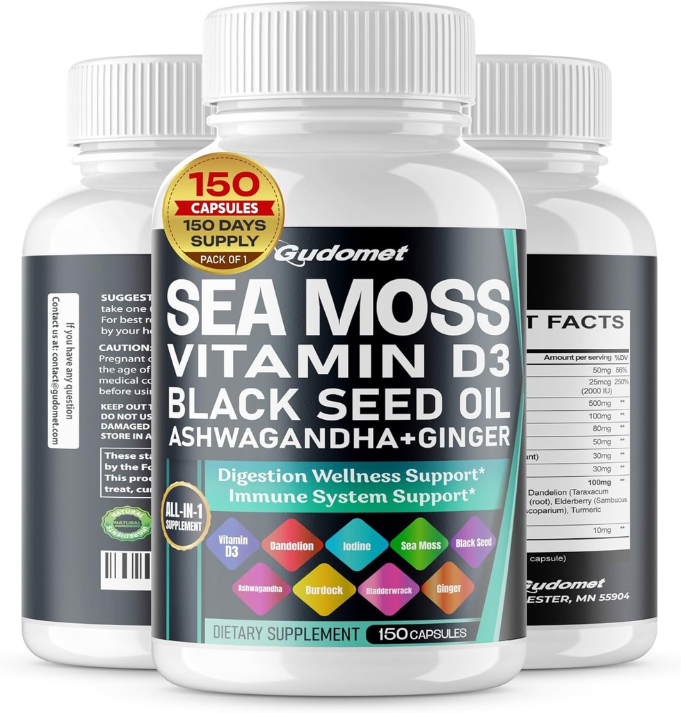 Sea Moss Black Seed Oil - Suplemento completo con vitamina C Vitamina D3 Ashwagandha Burdock Bladderwrack Ginger Apple Sider Vinegar Dandelion Amarillo Dock