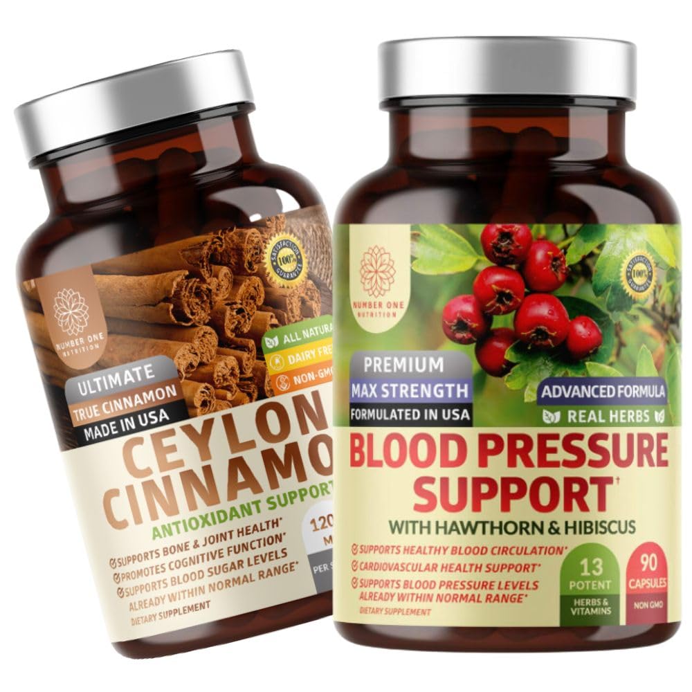 Number One Nutrition N1N Premium Blood Pressure Support with Hawthorn & Hibiscus and 100% Organic Ceylon Cinnamon, 2 Pack Bundle