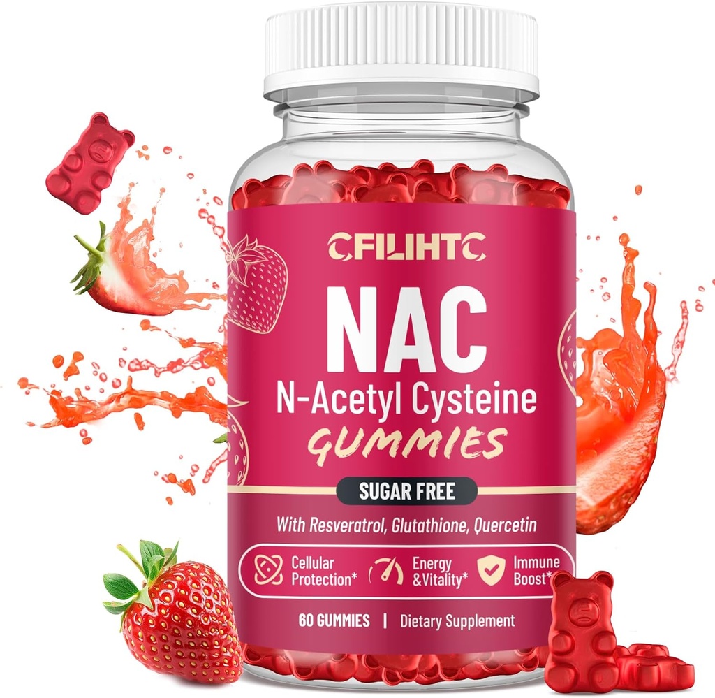 NAC Gummies 600mg, N Acetyl Cysteine Suplemento con Glutathione, Resveratrol, Magnesium, CoQ10, NAC Chewable for Antioxidants & Immune Support, Strawberry Flavor 60 Gummies