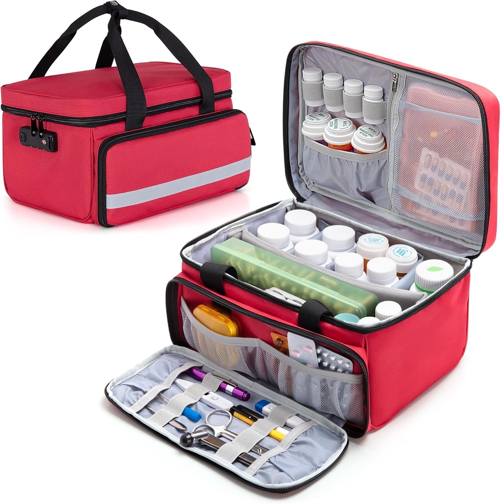 CURMIO Pill Bottle Organizer, Medicine Bag con Lock for Prescription Bottles and First Aid Kits, Red (Patented Design)