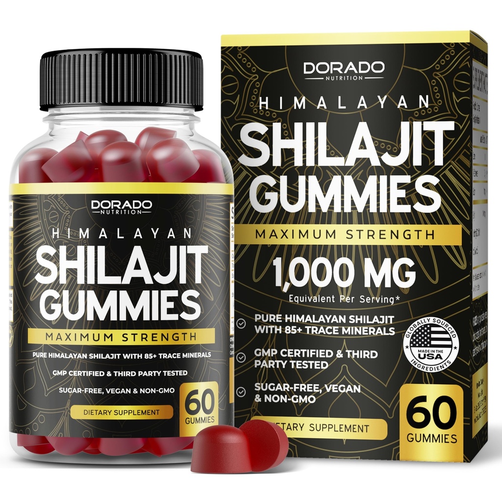 Shilajit Gummies For Men & Women (High Potency Gold Grade with 85+ Trace Minerals with Fulvic Acid) - Energy & Immunity Support - Third Party Tested, Non GMO, Vegan & Made in USA - (60 Gummies)