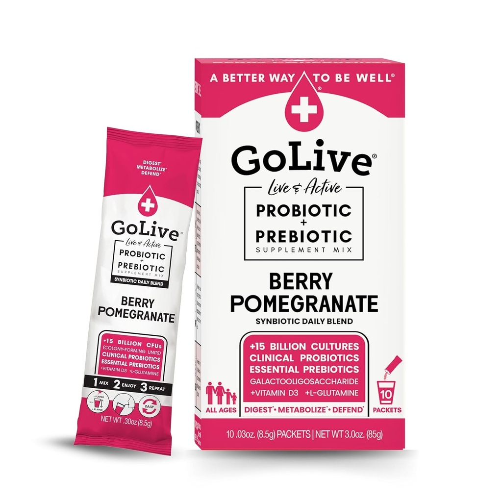 Prebiótico y Probiótico GoLive para Mujeres, Hombres, Niños. Polvo sinbiótico de granada de Berry w / L-Glutamina, vitamina D3, electrolitos. Para Gut Health, Digestión, Metabolismo, Inmunity 15-50B CFUs.