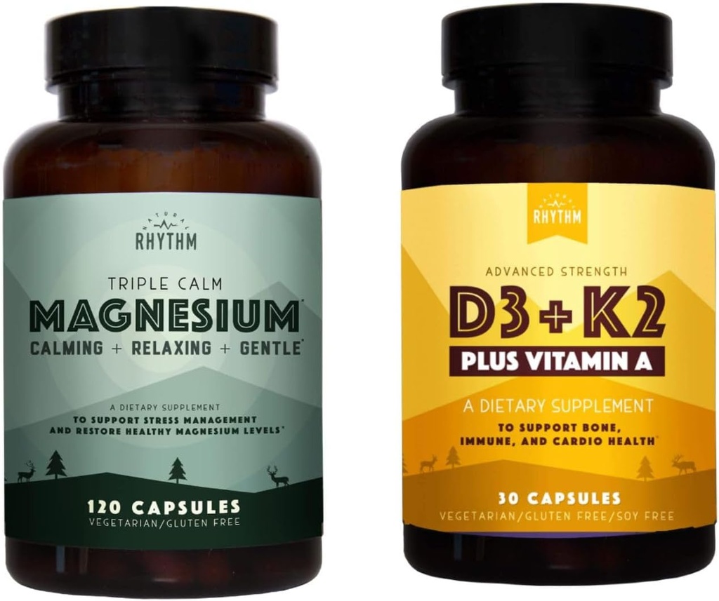 Natural Rhythm Triple Calm Magnesium 150 mg - 120 Capsules – Magnesium Complex Compound Supplement W/Natural Rhythm Vitamin D3 + K2 (MK7) Plus Vitamin A, for Bone, Heart, & Immune Health, 30 Capsules