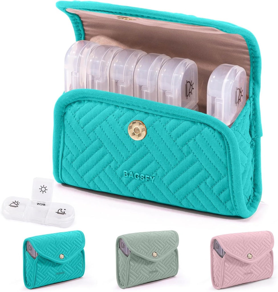BAGSFY Organizador semanal de píldoras 3 veces al día en un lindo caso de tela, organizador de píldoras, caja de píldoras, caja de carga de viaje portátil, recipiente para medicamentos, vitaminas, aceites de pescado, suplementos