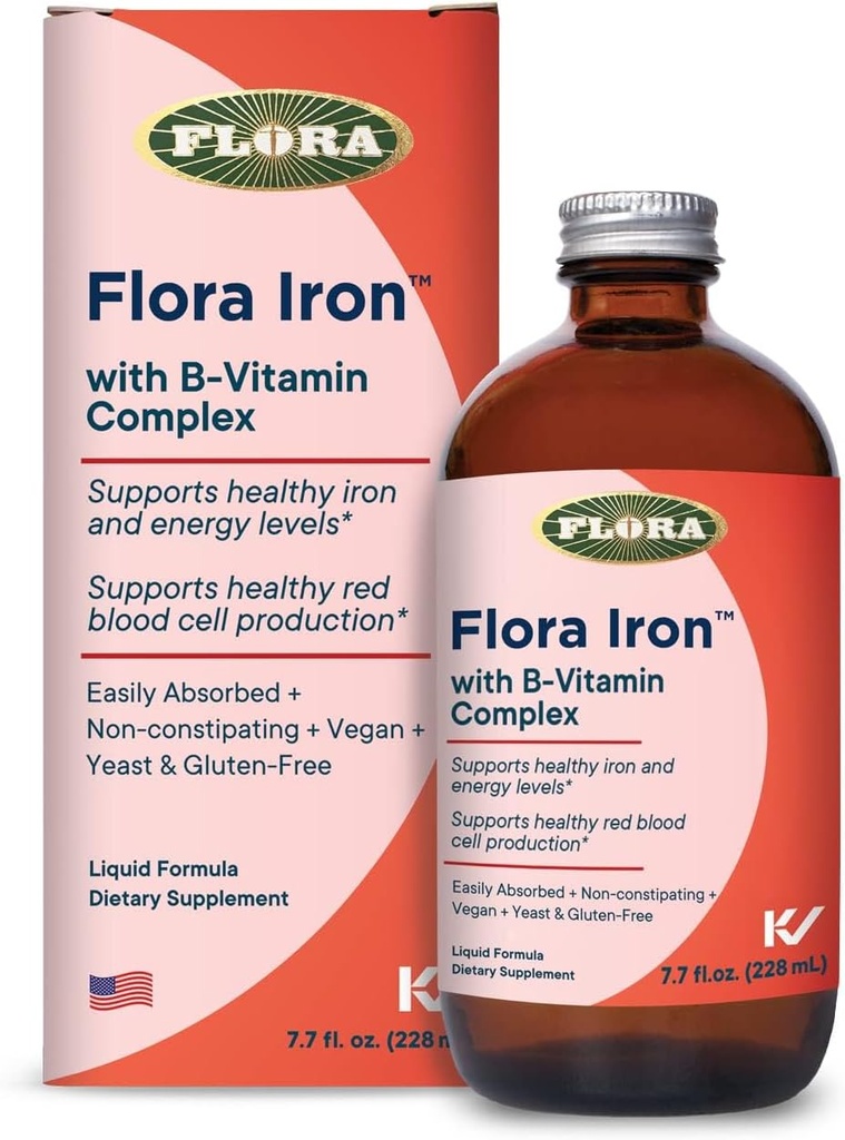 Flora Iron - Suplemento de hierro líquido vegano con vitaminas B - Ofertas Red Blood Cell & Energy Support - Yeast-Free - Delicious Fruit Juice Base - 7.7 fl. oz. Botella de vidrio