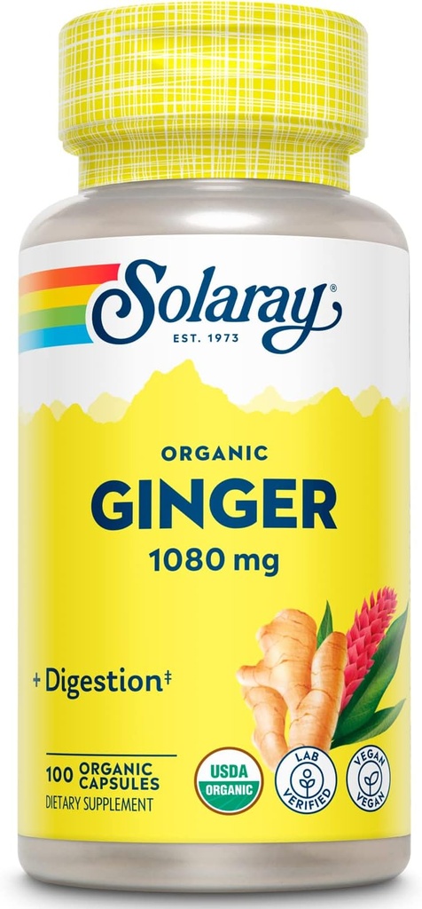 [BRSWIYTYCUPRA2IZ] SOLARAY Ginger orgánico 1080 mg - Suplementos de jengibre orgánico - Alivia Nausea y Vomiting asociados con la enfermedad de la moción, apoya la salud conjunta - Vegan, no somnoliento, garantía de 60 días, 50 servicios