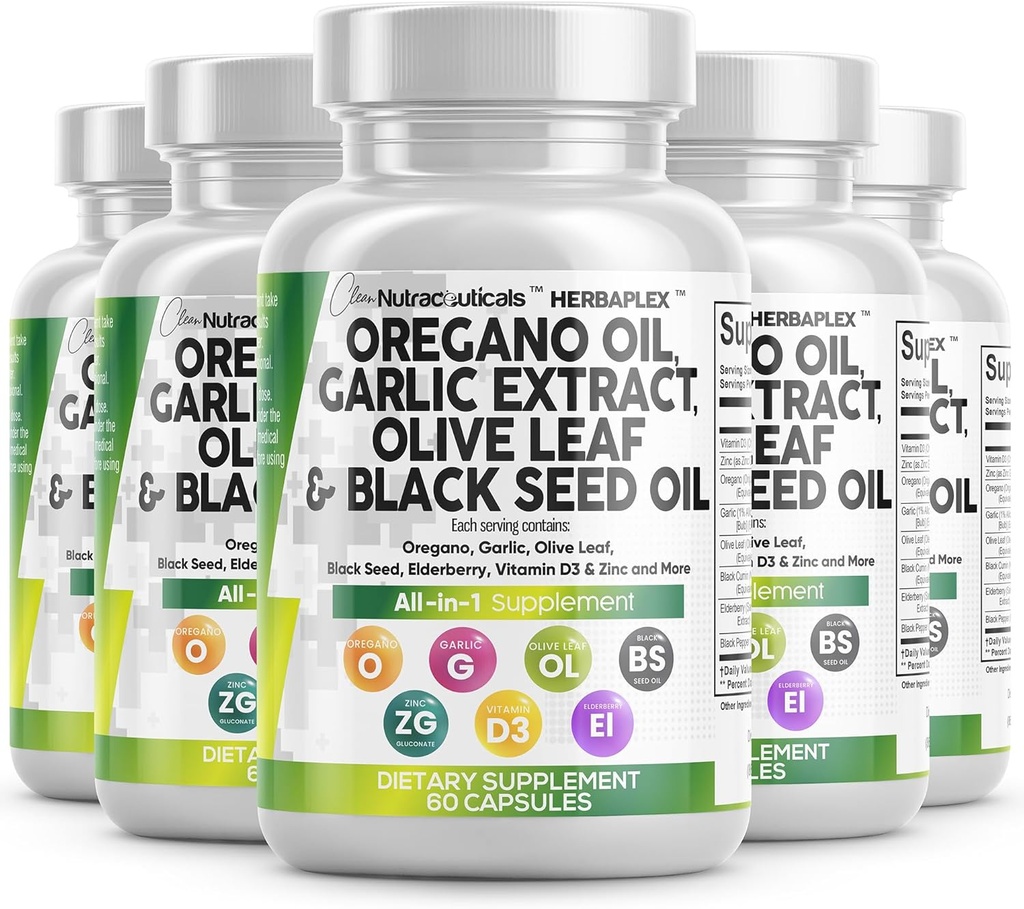 Nutracéuticos limpios Oregano Aceite Ajo Extracto Hoja de oliva Negro Semilla Soporte & Salud Digestiva Suplemento para Mujeres y Hombres con Vitamina D3 & Zinc - 5Pack