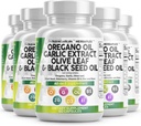 Nutracéuticos limpios Oregano Aceite Ajo Extracto Hoja de oliva Negro Semilla Soporte & Salud Digestiva Suplemento para Mujeres y Hombres con Vitamina D3 & Zinc - 5Pack