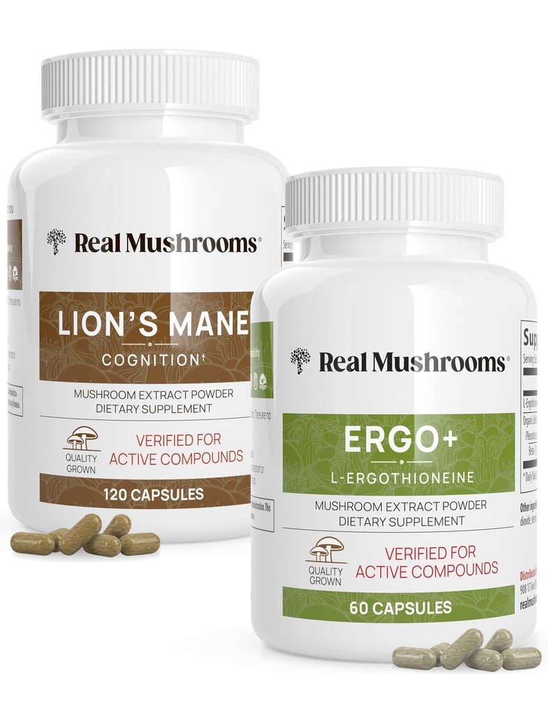Ergothioneine (60ct) and Lions Mane (120ct) Bundle with Shiitake and Oyster Mushroom Extracts - Longevidad y Cognición - Vegan, Gluten Free, Non-GMO