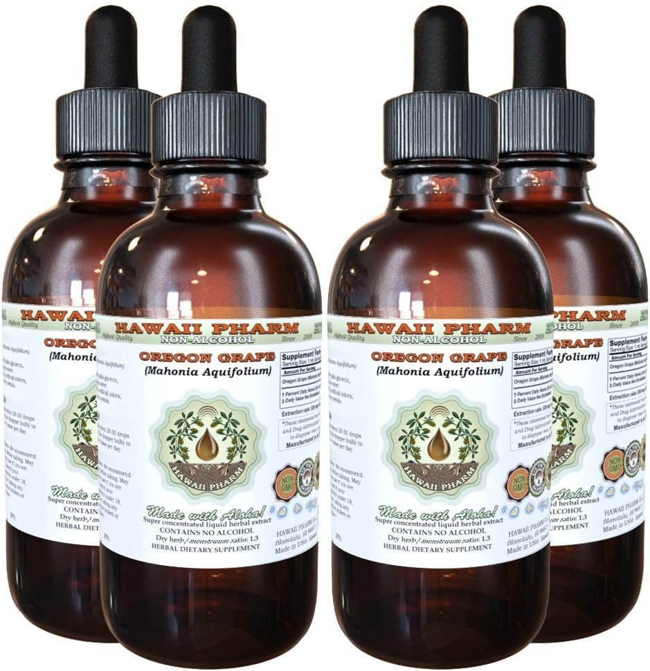 Hawaii Pharm Oregon Grape Extracto líquido libre de alcohol, Oregon Grape (Mahonia acufolium) Raído seco Glicite Natural Herbal Suplemento, EE.UU. 4x4 fl.oz