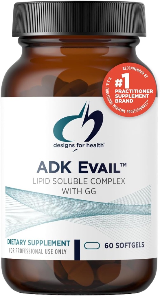 Diseños para salud ADK Evail - 5000 IU VIT D3 con vitaminas A, E (Annatto Gamma Delta Tocotrienols), K (K1 + K2) - Complejo de vitamina D soluble en grasa - Bone + Immune Support - Non-GMO (60 Softgels)