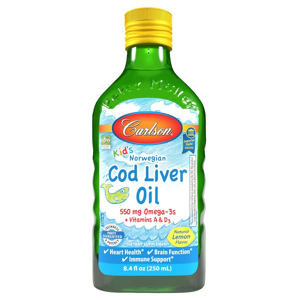 Carlson - Kid's Cod Liver Oil, 550 mg Omega-3s, Vitamins A & D3, Wild Norwegian, Lemon, 250 mL