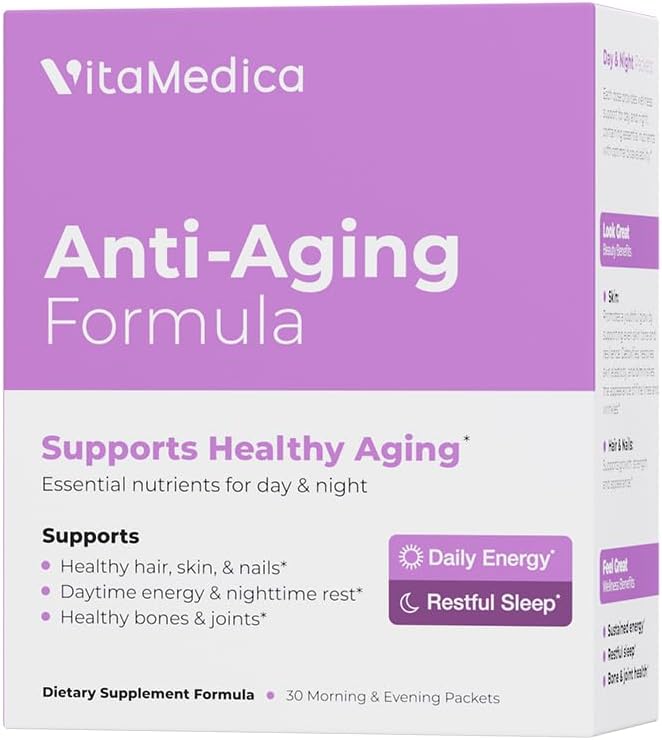 VitaMedica Anti-Envejecimiento Fórmula 4-en-1 Salud y Belleza Complemento para Mujeres y Hombres Saludables, Esquí y Saludos Silenciosos Energía Natural > Dormir Restablecido ← 30 AM & PM Packets